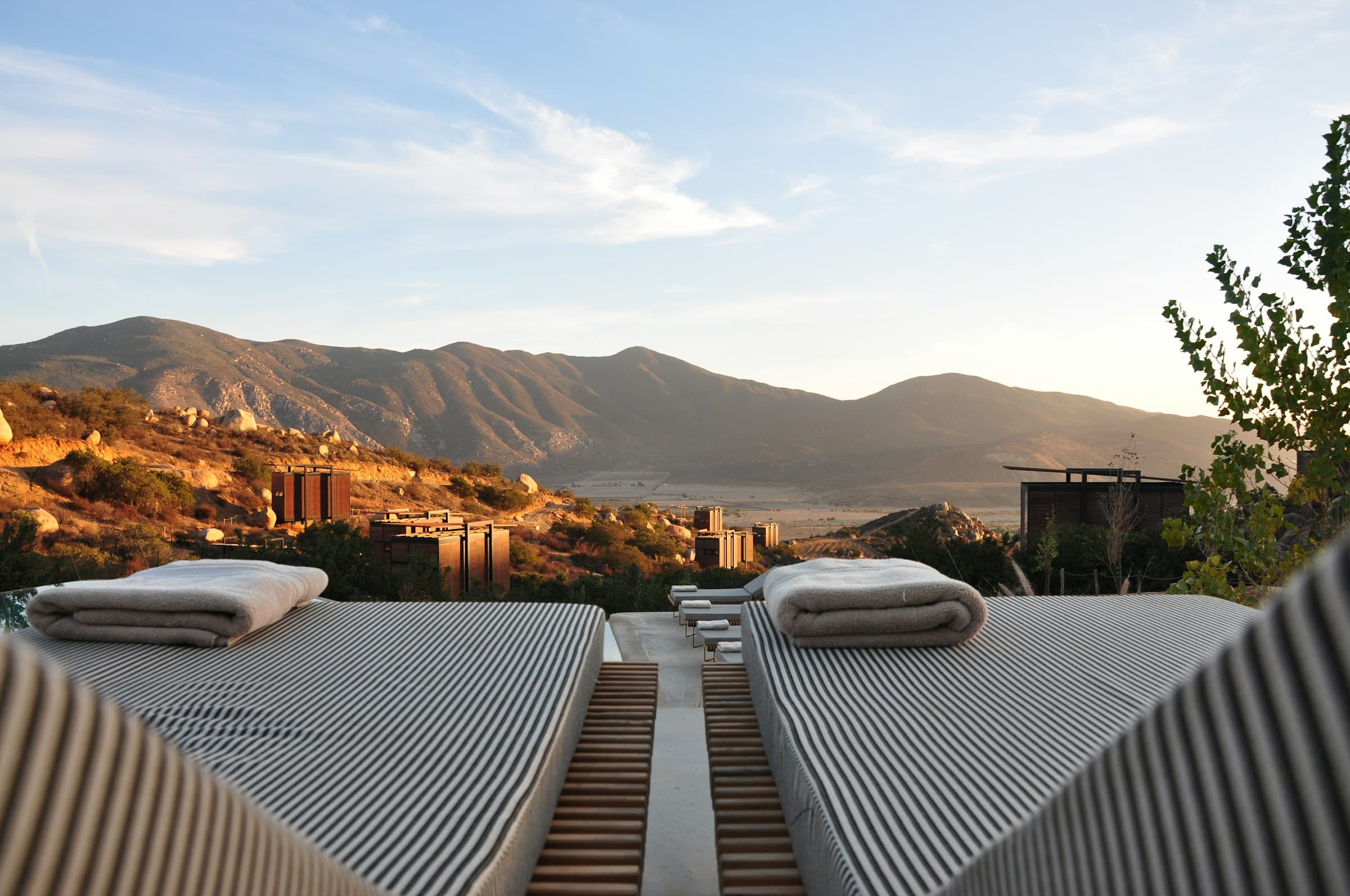 Hotel terrace and pool at dusk